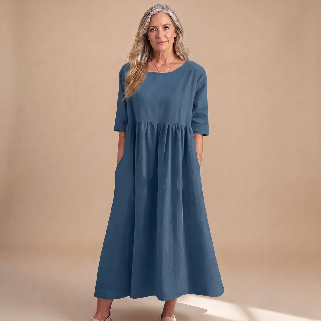 Women's A-Line Smocked Midi Dress Half Sleeve Pockets - Blue