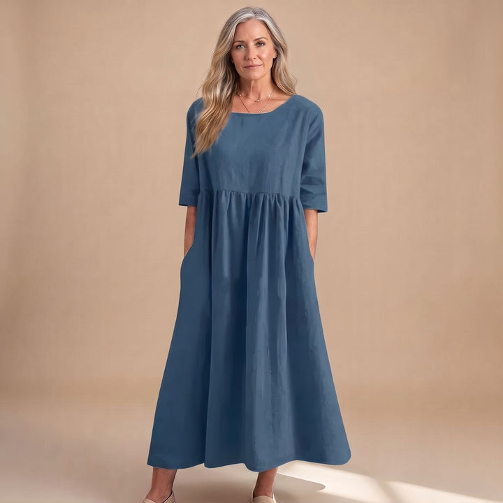 Women's A-Line Smocked Midi Dress Half Sleeve Pockets - Blue