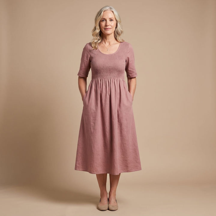 Women's A-Line Smocked Midi Dress Half Sleeve Pockets - Pink