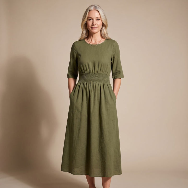 Women's A-Line Smocked Midi Dress Half Sleeve Pockets - Green