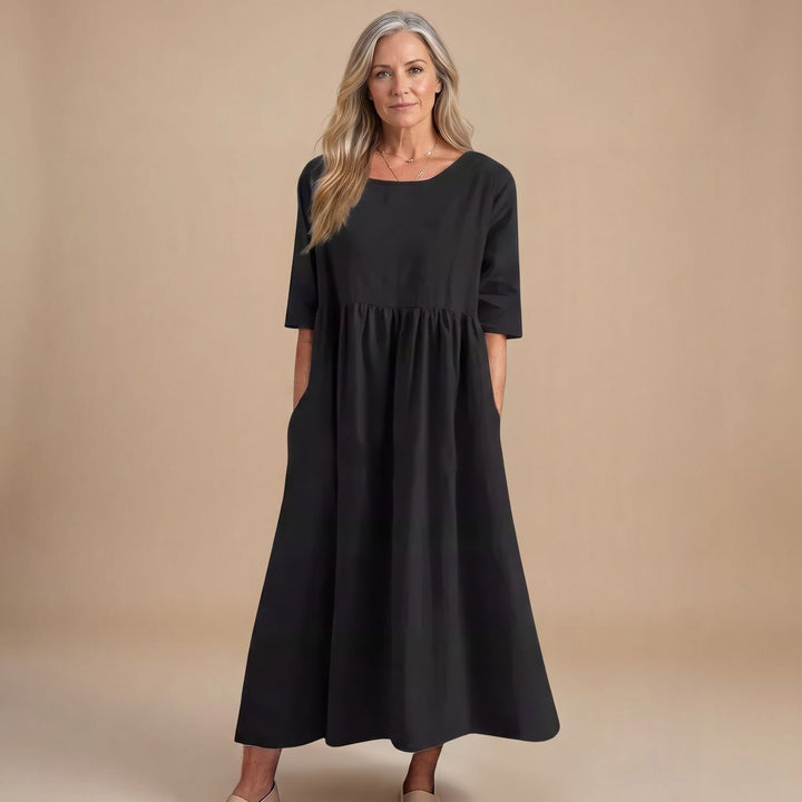 Women's A-Line Smocked Midi Dress Half Sleeve Pockets - Black