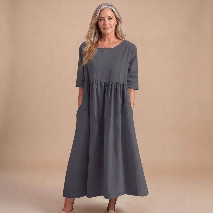 Women's A-Line Smocked Midi Dress Half Sleeve Pockets - Gray