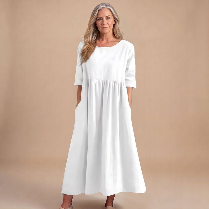 Women's A-Line Smocked Midi Dress Half Sleeve Pockets - White