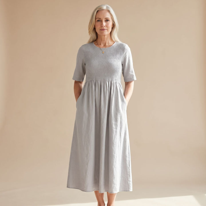 Women's A-Line Smocked Midi Dress Half Sleeve Pockets - Light Gray