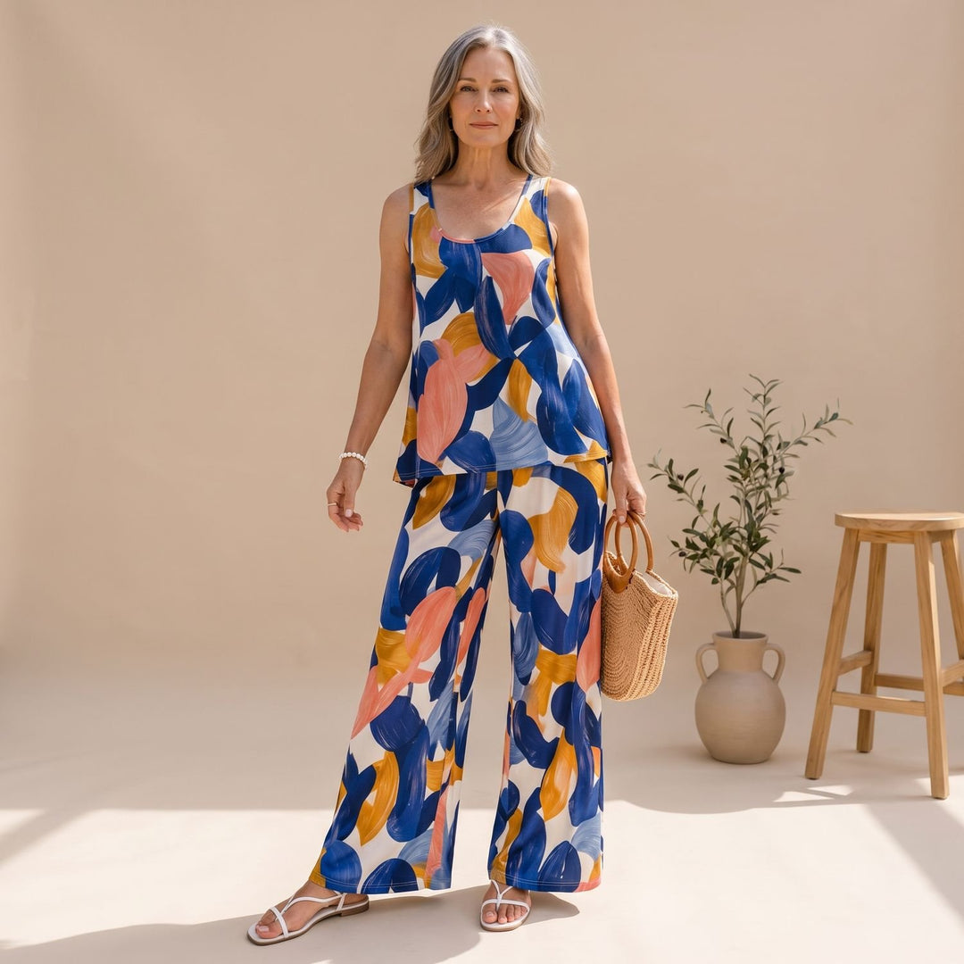 Women's Abstract Print Sleeveless Top Wide-Leg Pants Two Piece Set - Blue