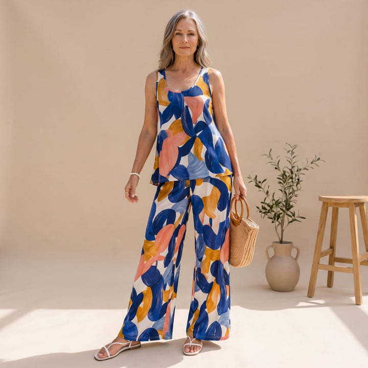 Women's Abstract Print Sleeveless Top Wide-Leg Pants Two Piece Set - Blue
