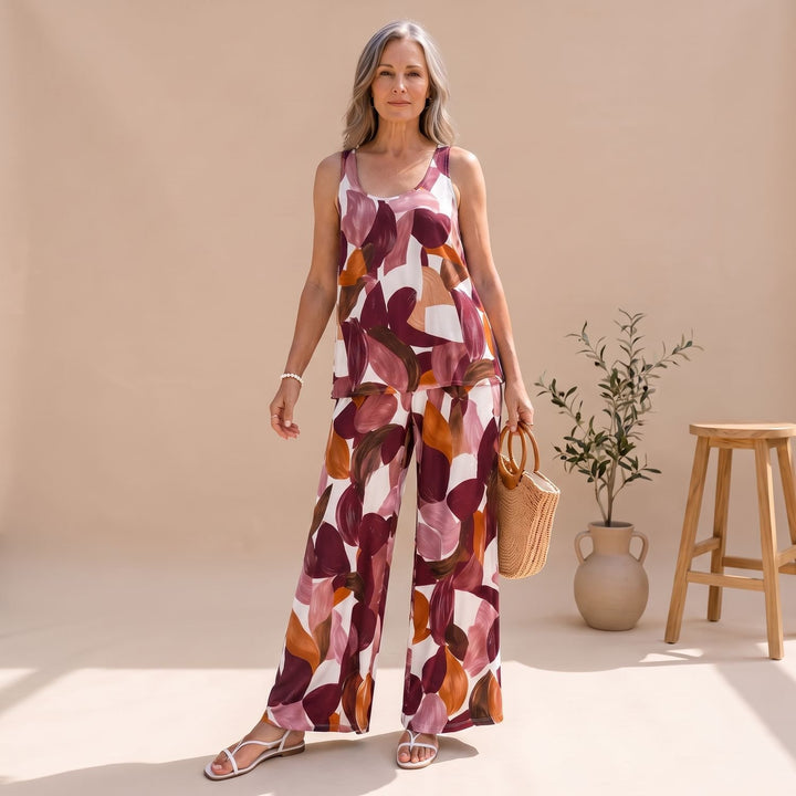 Women's Abstract Print Sleeveless Top Wide-Leg Pants Two Piece Set - Red