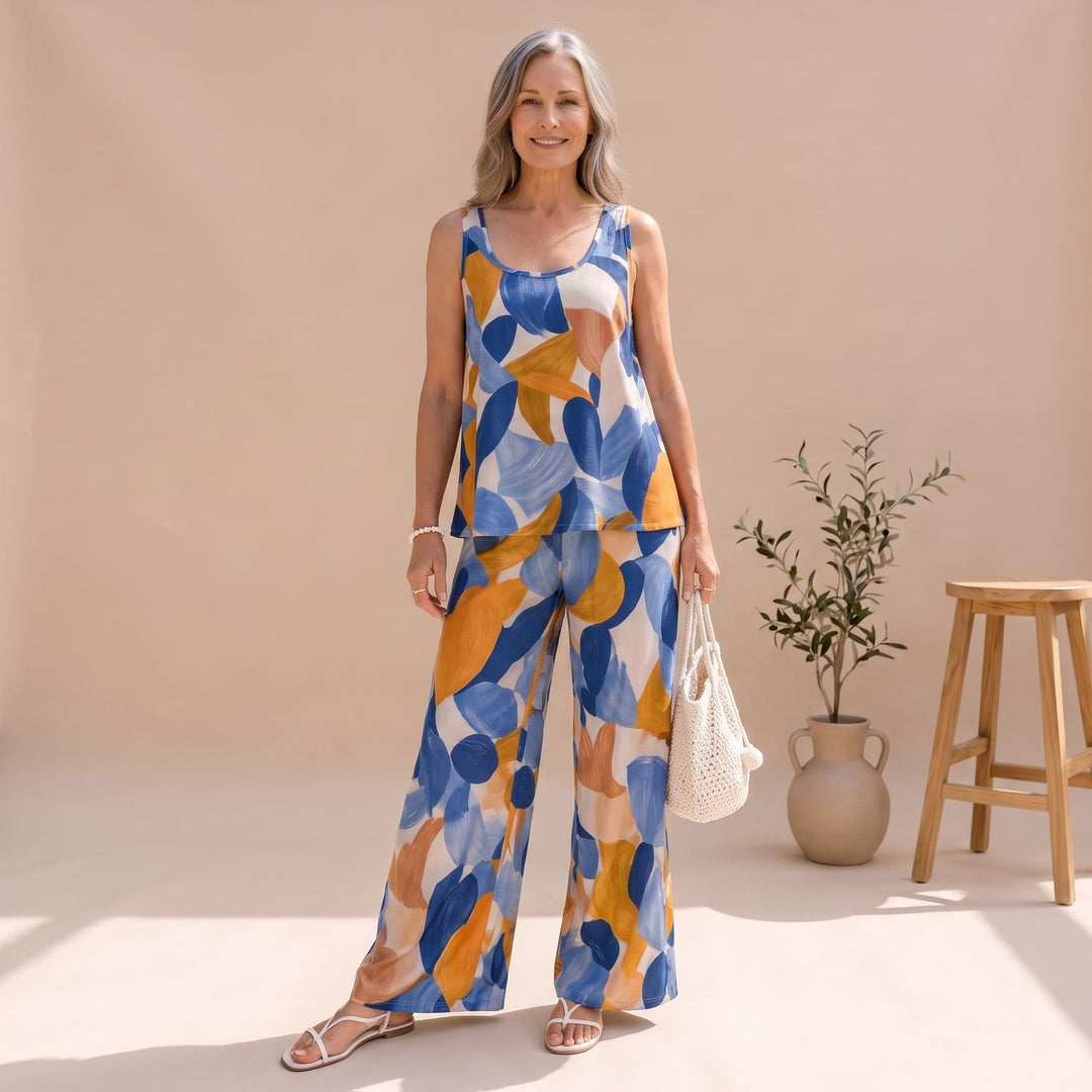 Women's Abstract Print Sleeveless Top Wide-Leg Pants Two Piece Set - Light Blue
