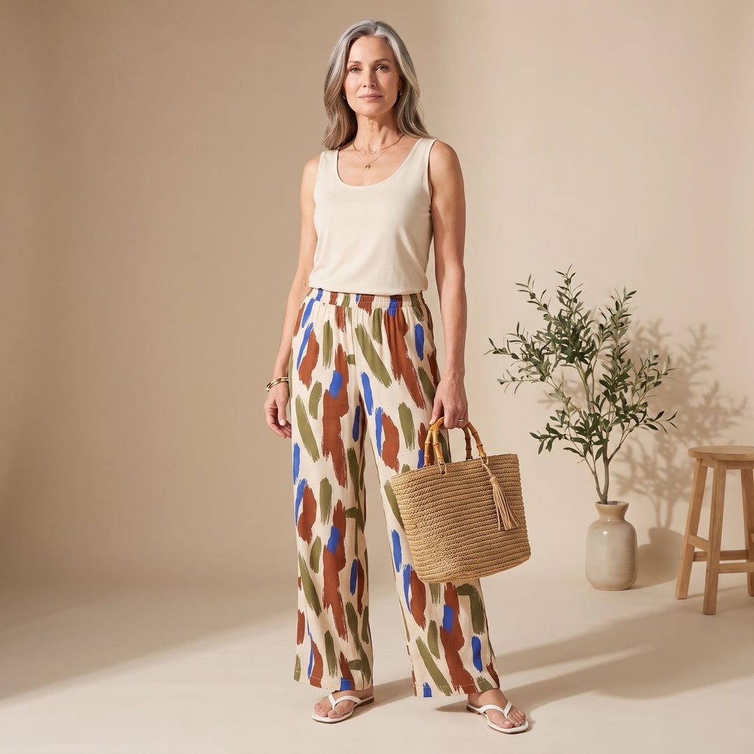 Women's Abstract Print Sleeveless Top Wide-Leg Pants Two Piece Set - Brown