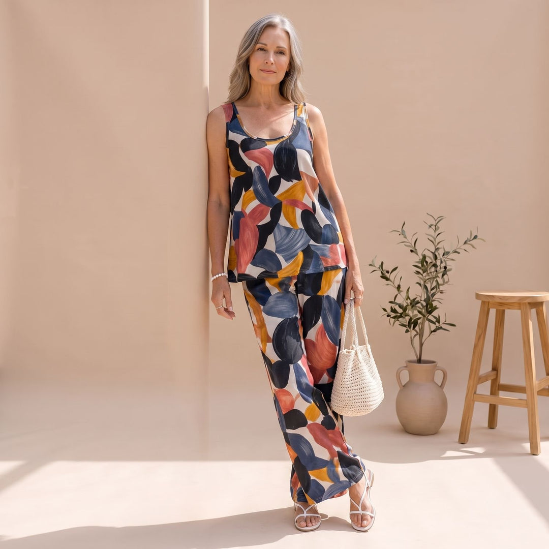 Women's Abstract Print Sleeveless Top Wide-Leg Pants Two Piece Set - Black
