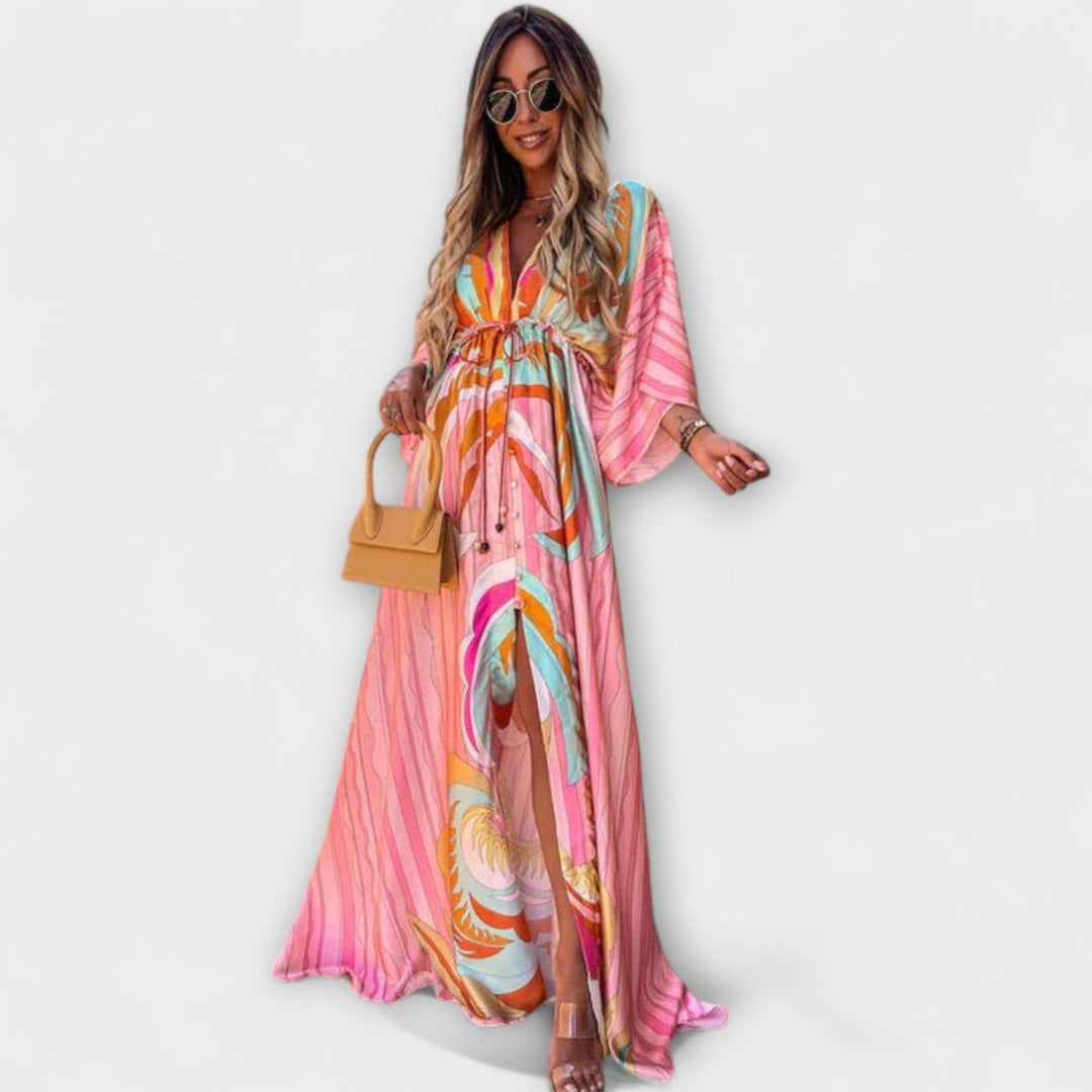 Women's Abstract Print V-Neck Drawstring Flowy Maxi Dress - Light Pink