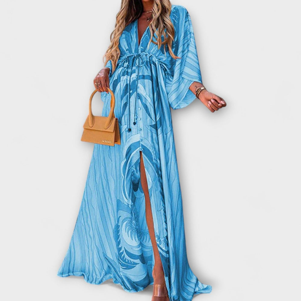 Women's Abstract Print V-Neck Drawstring Flowy Maxi Dress - Blue