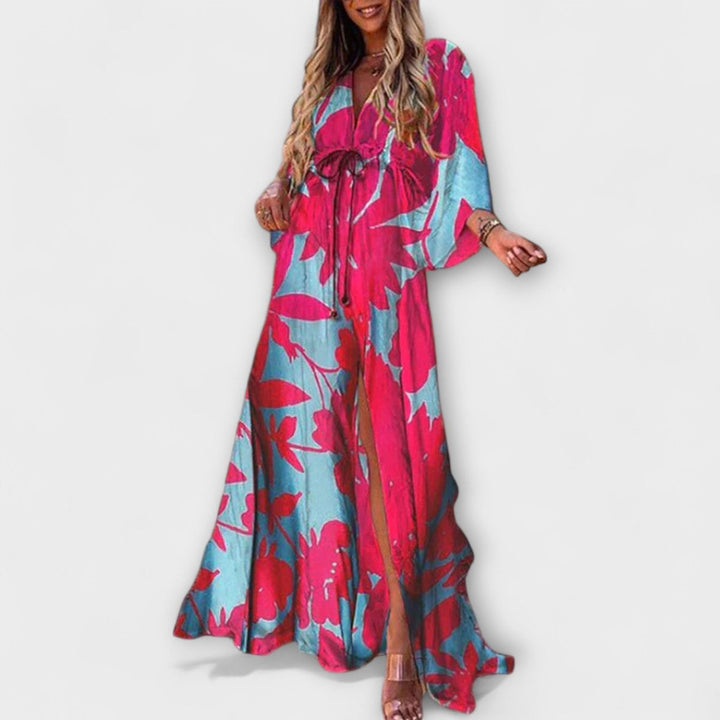 Women's Abstract Print V-Neck Drawstring Flowy Maxi Dress - Blue/Pink