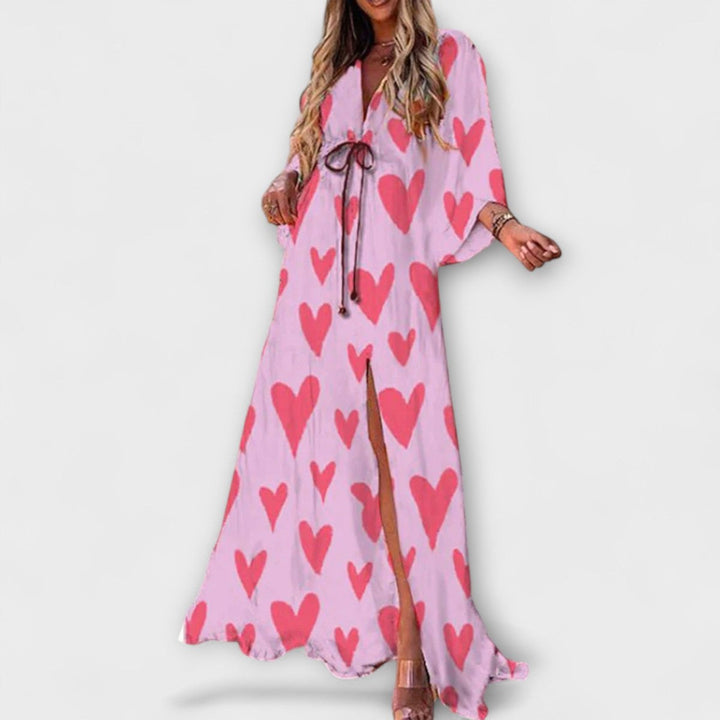 Women's Abstract Print V-Neck Drawstring Flowy Maxi Dress - Pink