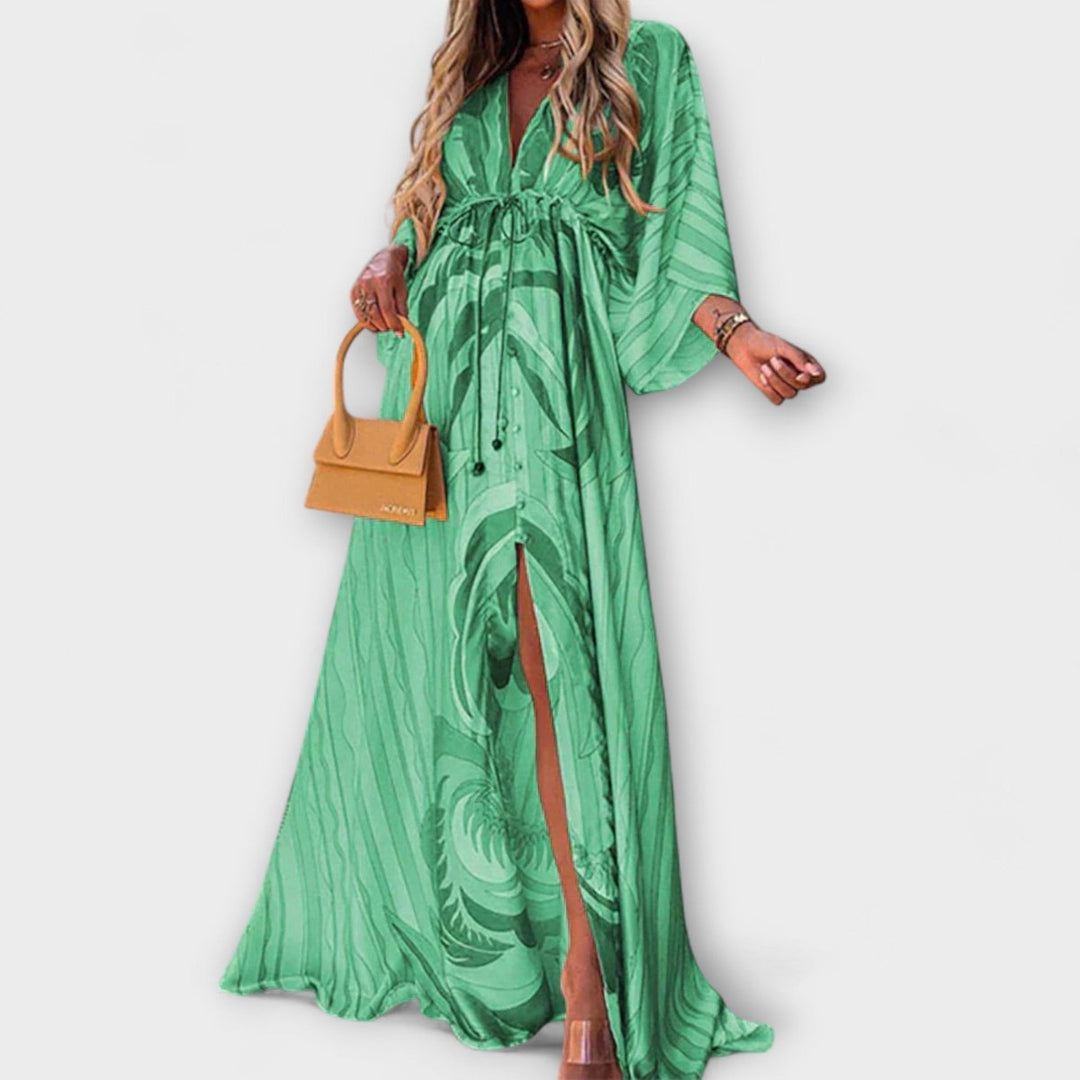 Women's Abstract Print V-Neck Drawstring Flowy Maxi Dress - Green