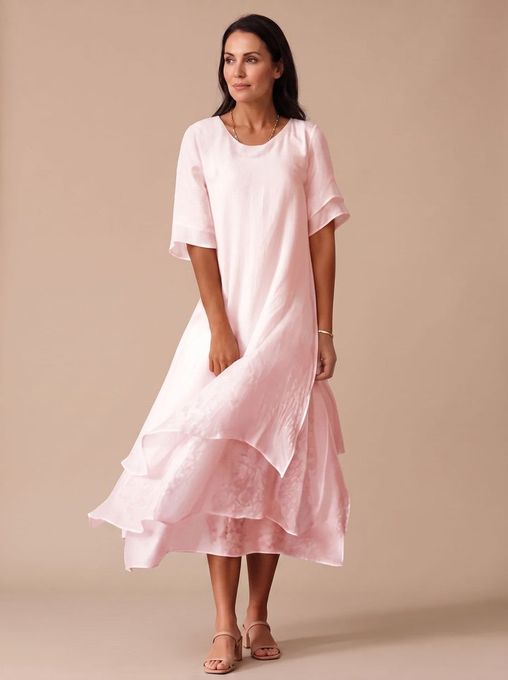 Women's April Layered Midi Dress Short-Sleeve Crew Neck - Pink