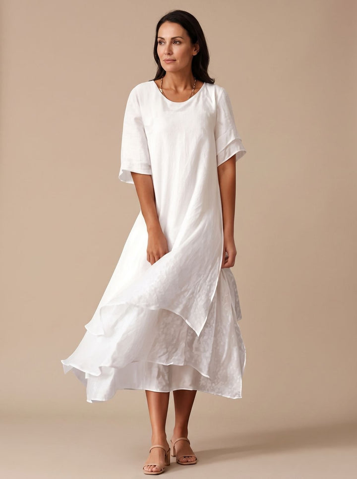 Women's April Layered Midi Dress Short-Sleeve Crew Neck - White