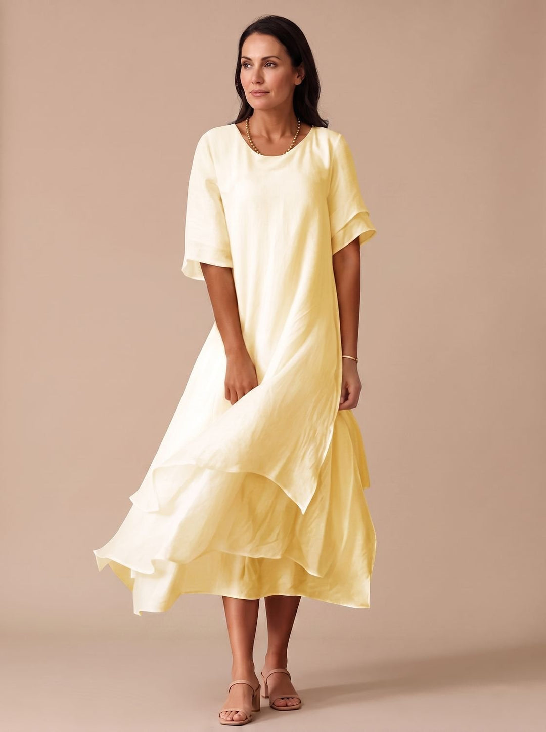 Women's April Layered Midi Dress Short-Sleeve Crew Neck - Yellow