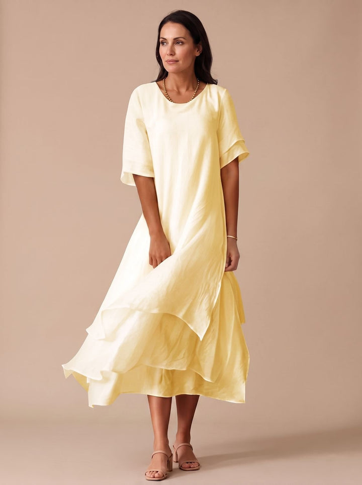 Women's April Layered Midi Dress Short-Sleeve Crew Neck - Yellow