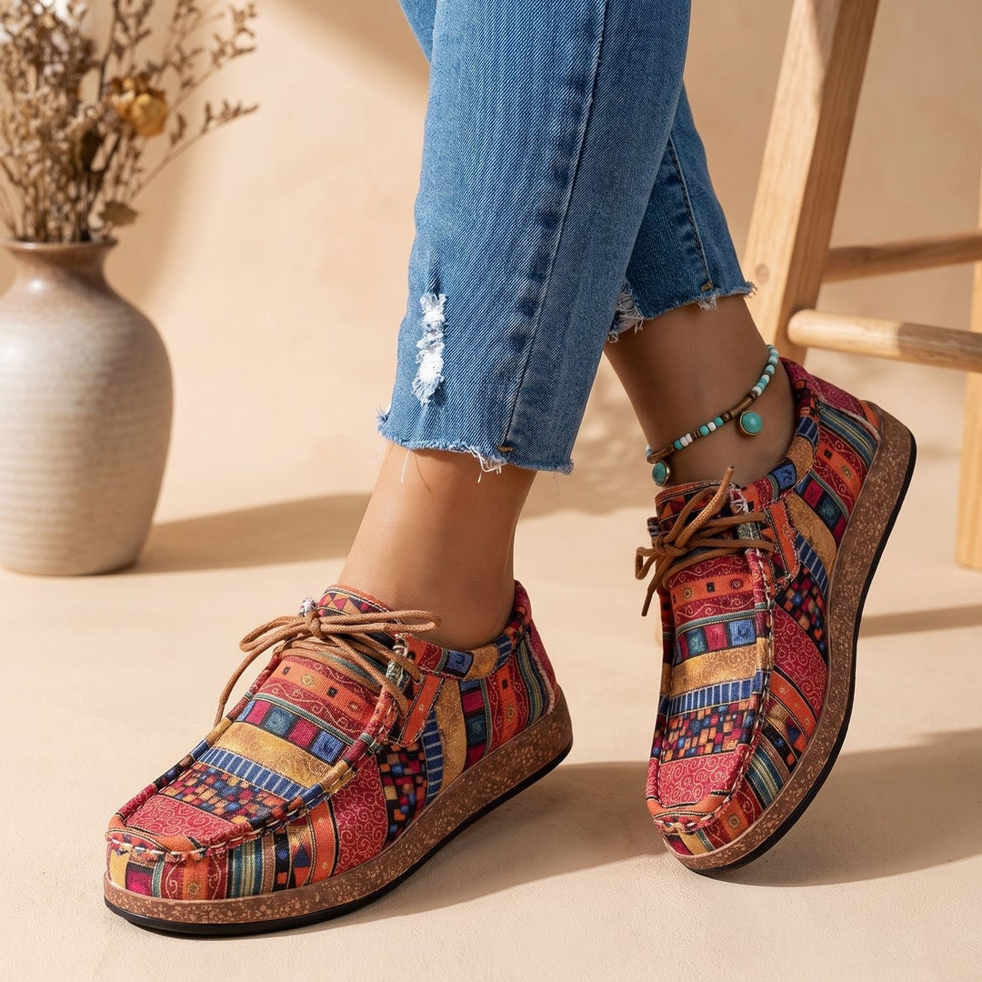 Women's Arch Support Boho Lace-Up Walking Shoes Flat Feet - Red
