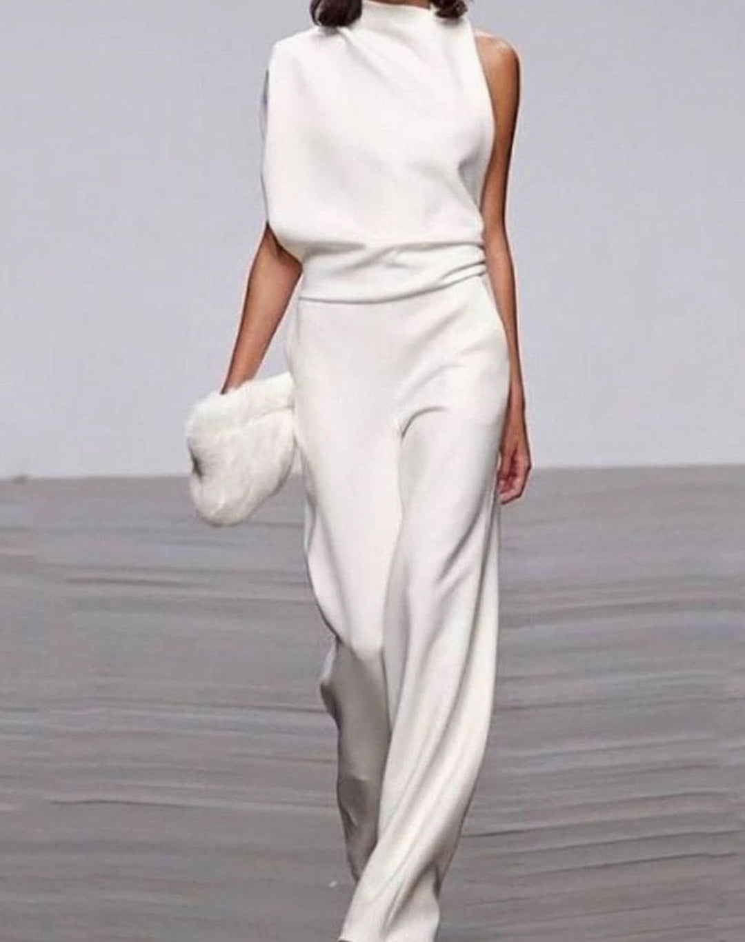 Women's Asymmetric One-Shoulder Jumpsuit High Neck Wide-Leg Formal - White