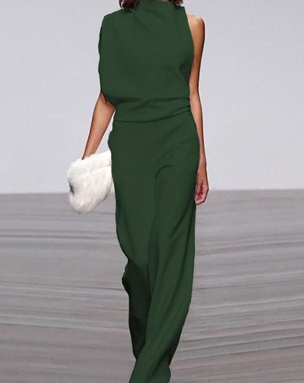Women's Asymmetric One-Shoulder Jumpsuit High Neck Wide-Leg Formal - Green