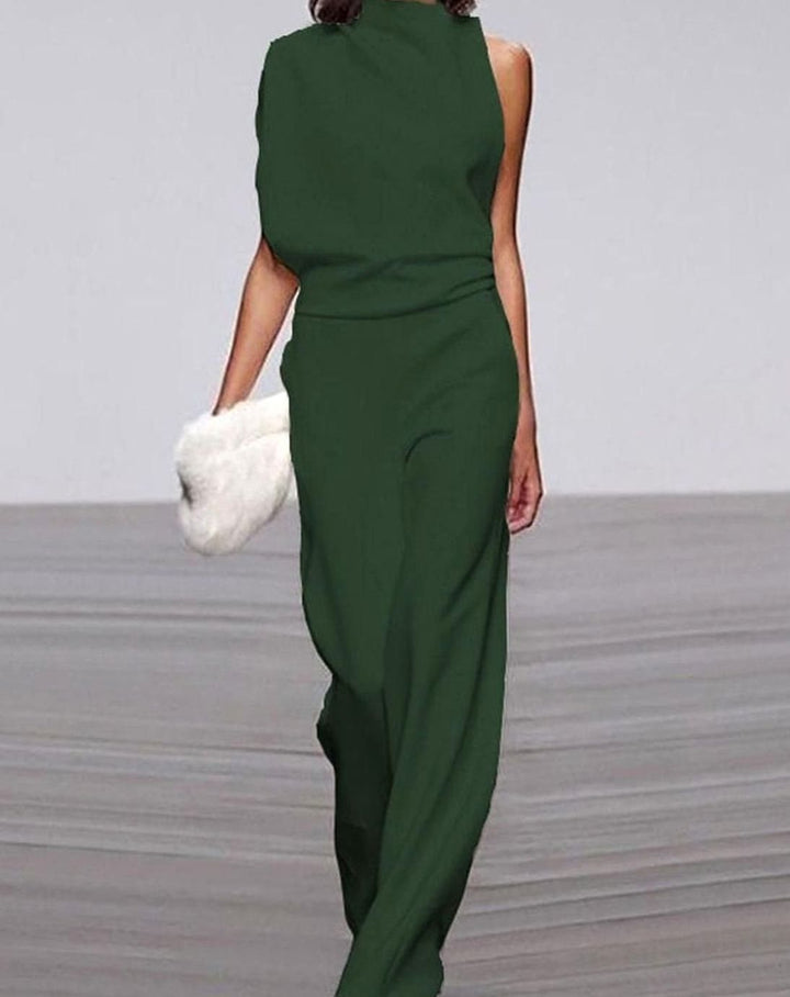Women's Asymmetric One-Shoulder Jumpsuit High Neck Wide-Leg Formal - Green