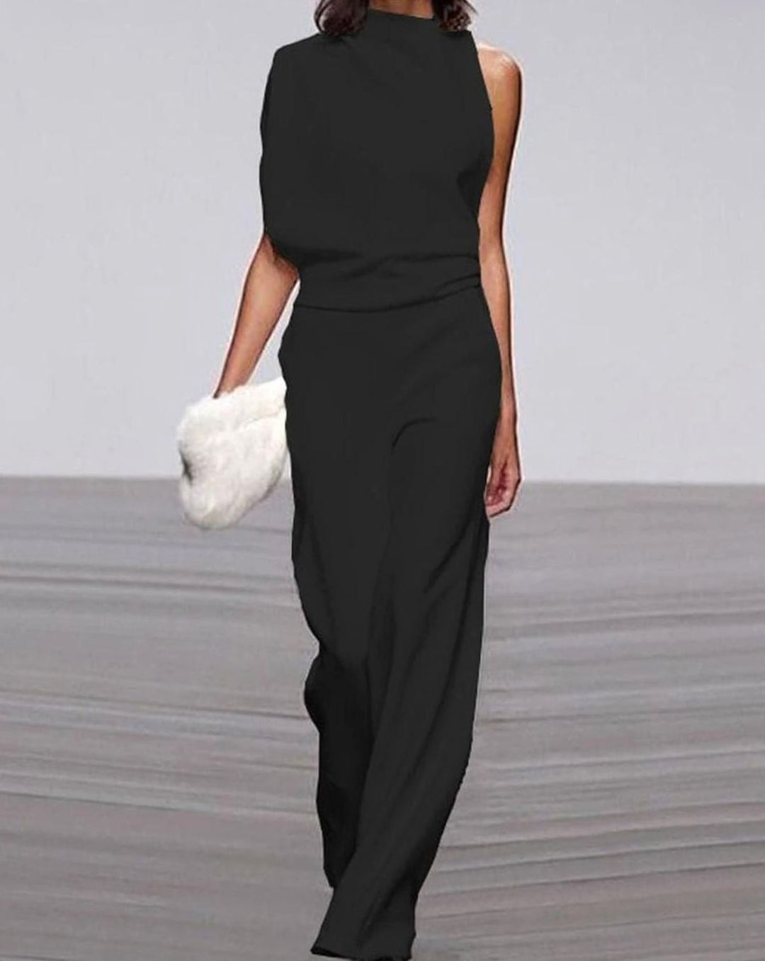 Women's Asymmetric One-Shoulder Jumpsuit High Neck Wide-Leg Formal - Black