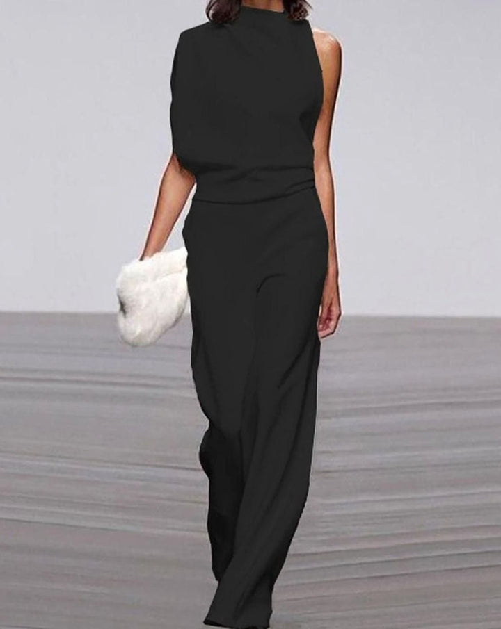 Women's Asymmetric One-Shoulder Jumpsuit High Neck Wide-Leg Formal - Black