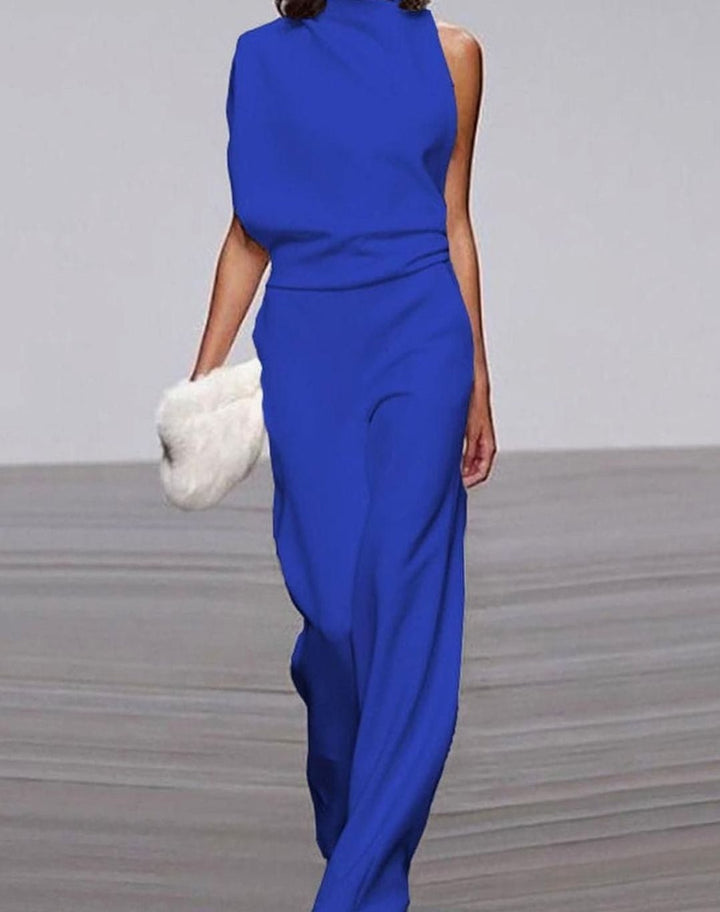 Women's Asymmetric One-Shoulder Jumpsuit High Neck Wide-Leg Formal - Blue