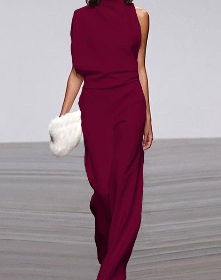Women's Asymmetric One-Shoulder Jumpsuit High Neck Wide-Leg Formal - Dark Red