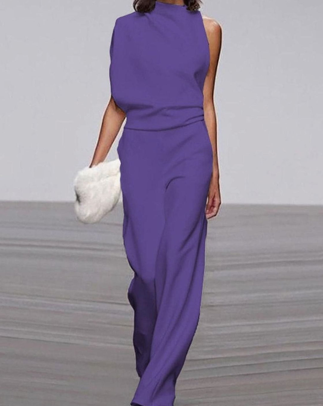 Women's Asymmetric One-Shoulder Jumpsuit High Neck Wide-Leg Formal - Purple