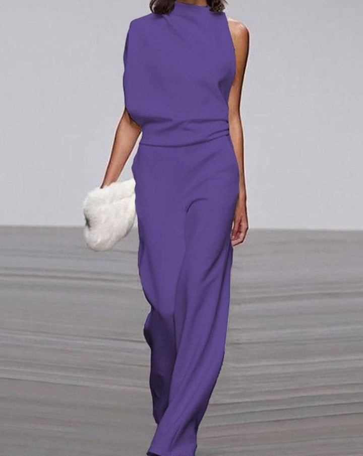 Women's Asymmetric One-Shoulder Jumpsuit High Neck Wide-Leg Formal - Purple