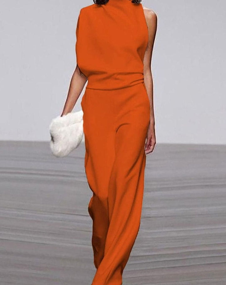 Women's Asymmetric One-Shoulder Jumpsuit High Neck Wide-Leg Formal - Orange