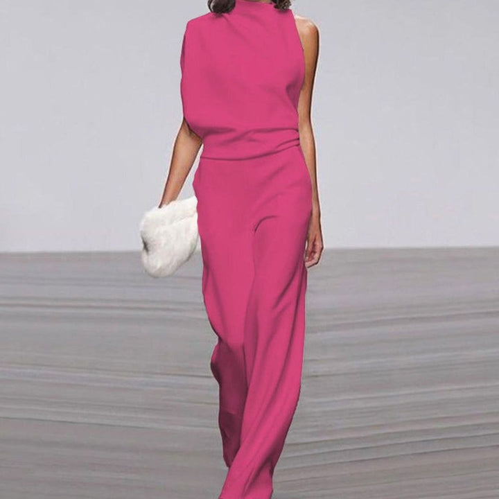 Women's Asymmetric One-Shoulder Jumpsuit High Neck Wide-Leg Formal - Fuchsia