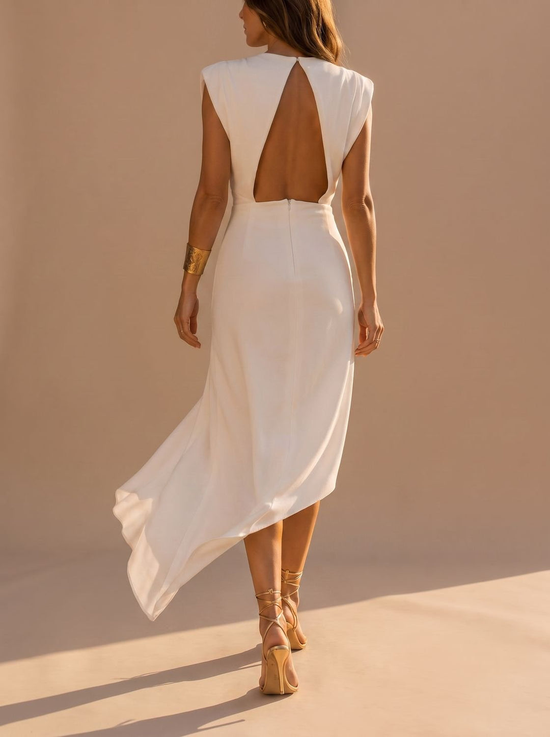 Women's Asymmetric Sleeveless Midi Dress Padded Shoulder