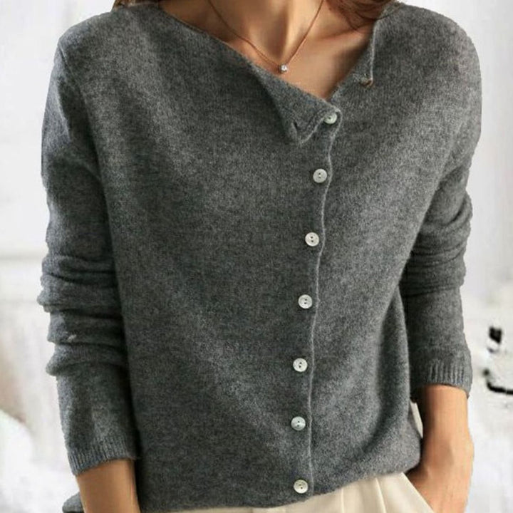Women's Asymmetric V-Neck Button Knit Cardigan Sweater - Gray