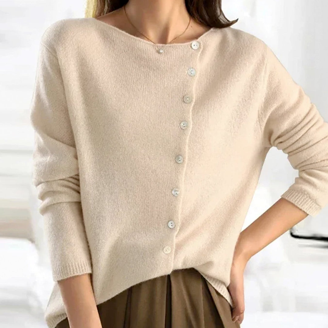 Women's Asymmetric V-Neck Button Knit Cardigan Sweater - Beige