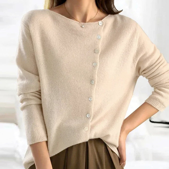 Women's Asymmetric V-Neck Button Knit Cardigan Sweater - Beige