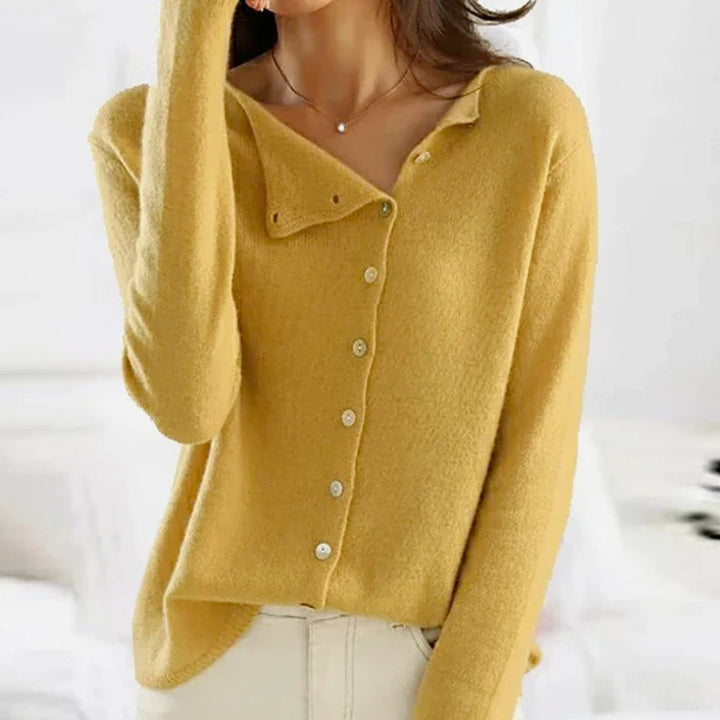 Women's Asymmetric V-Neck Button Knit Cardigan Sweater - Yellow