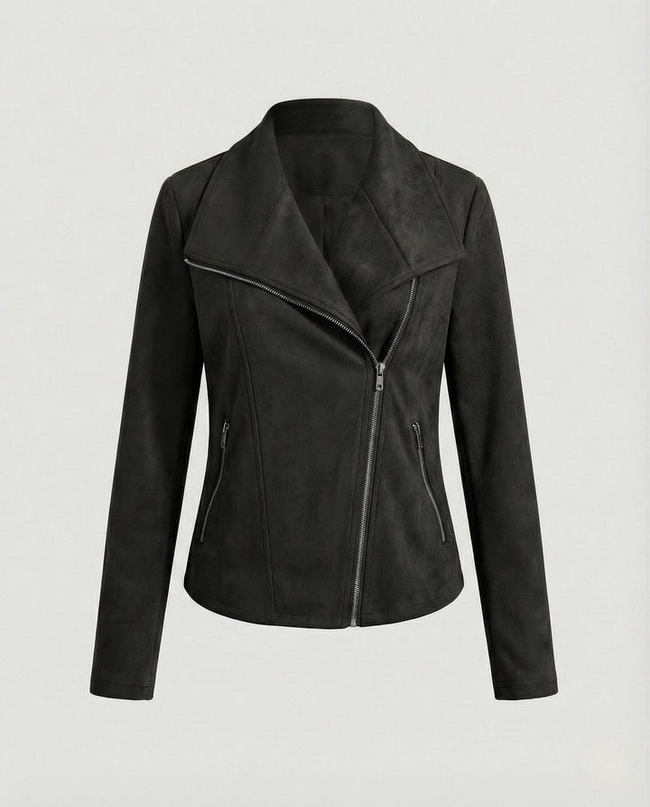 Women's Asymmetric-Zip Tailored Faux Suede Biker Leather Jacket - Black