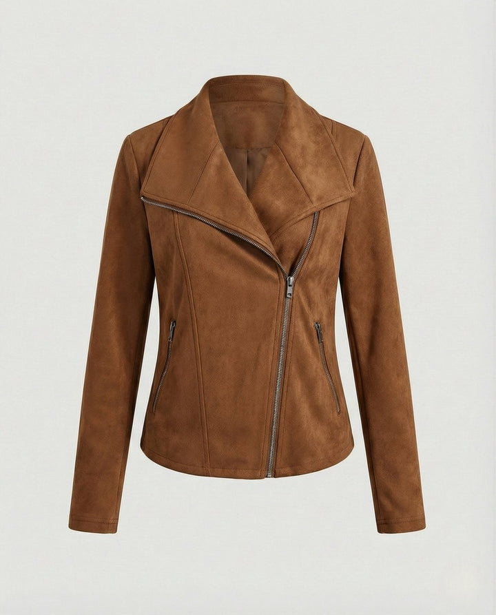 Women's Asymmetric-Zip Tailored Faux Suede Biker Leather Jacket - Camel