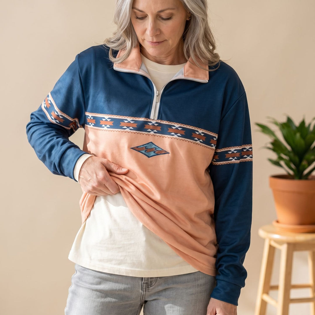 Women's Aztec Print Half-Zip Collar Pullover Sweater - Yellow