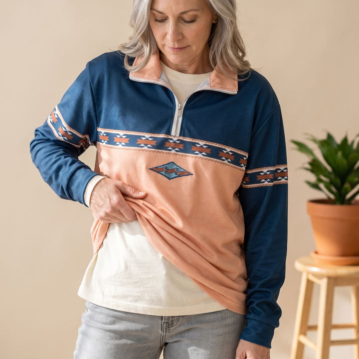 Women's Aztec Print Half-Zip Collar Pullover Sweater - Yellow