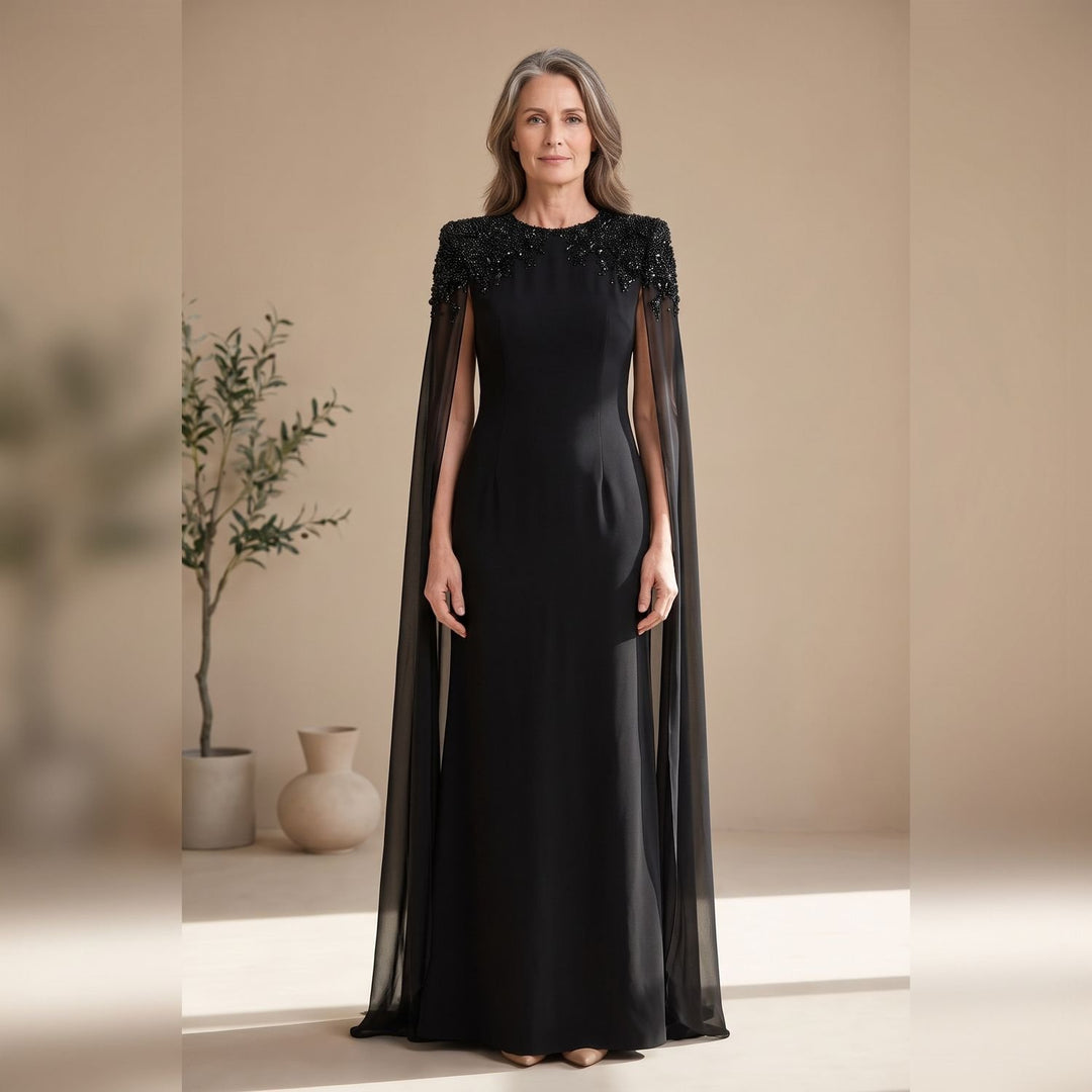 Women's Beaded Cape-Sleeve Floor-Length Christmas Party Dress - Black