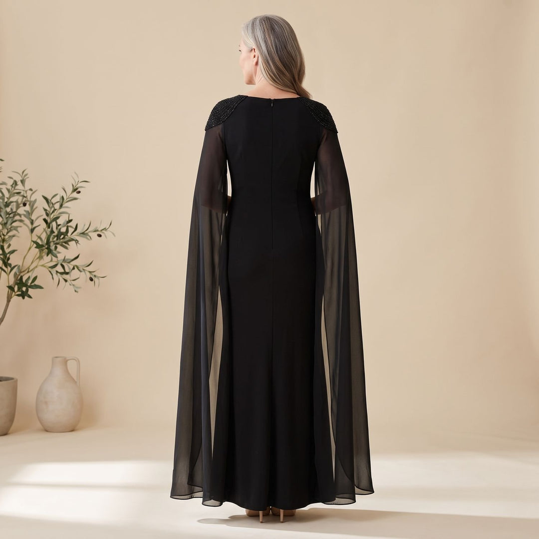 Women's Beaded Cape-Sleeve Floor-Length Christmas Party Dress