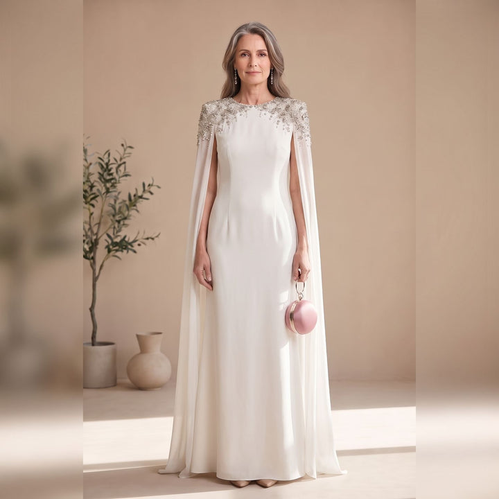 Women's Beaded Cape-Sleeve Floor-Length Christmas Party Dress - White