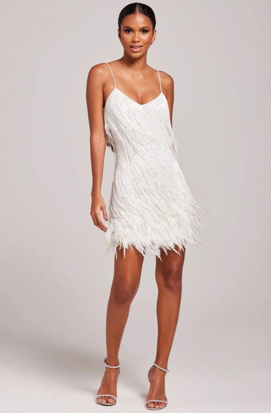 Women's Beaded Fringe Feather-Trim Mini Cocktail Dress