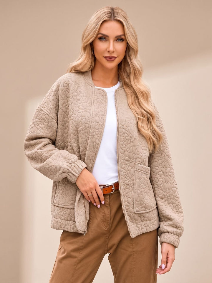 Women's Beige Quilted Zip-Up Bomber Jacket Front Pockets - Beige