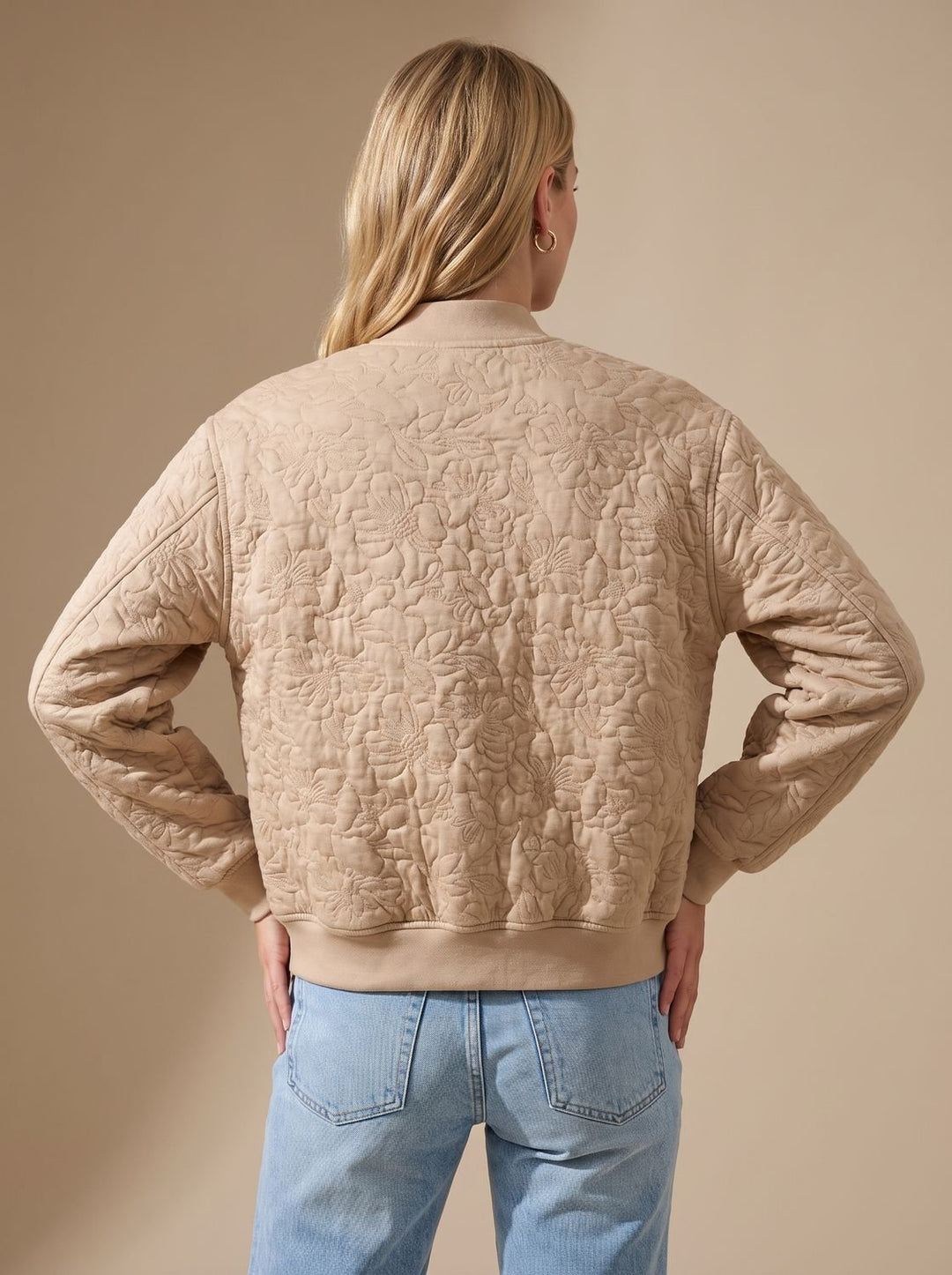 Women's Beige Quilted Zip-Up Bomber Jacket Front Pockets